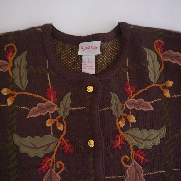 VTG Crystal Kobe Brown Leaf Vine Embroidered Plaid Knit Gold Button Cardigan S - Picture 9 of 9